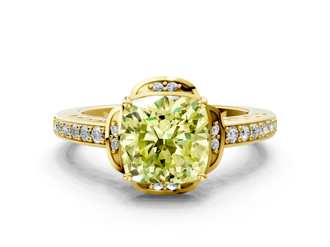 Yellow gold Fancy Yellow Cushion  Cut Halo Diamond Ring with Channel Set Band and Four-Prong Setting_52