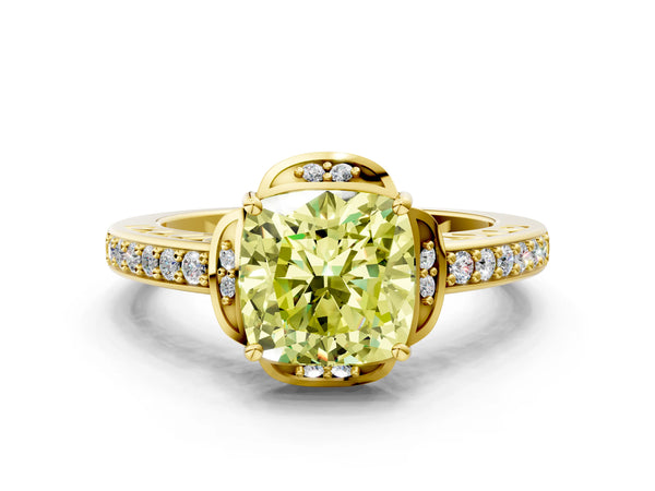 Yellow gold Fancy Yellow Cushion  Cut Halo Diamond Ring with Channel Set Band and Four-Prong Setting