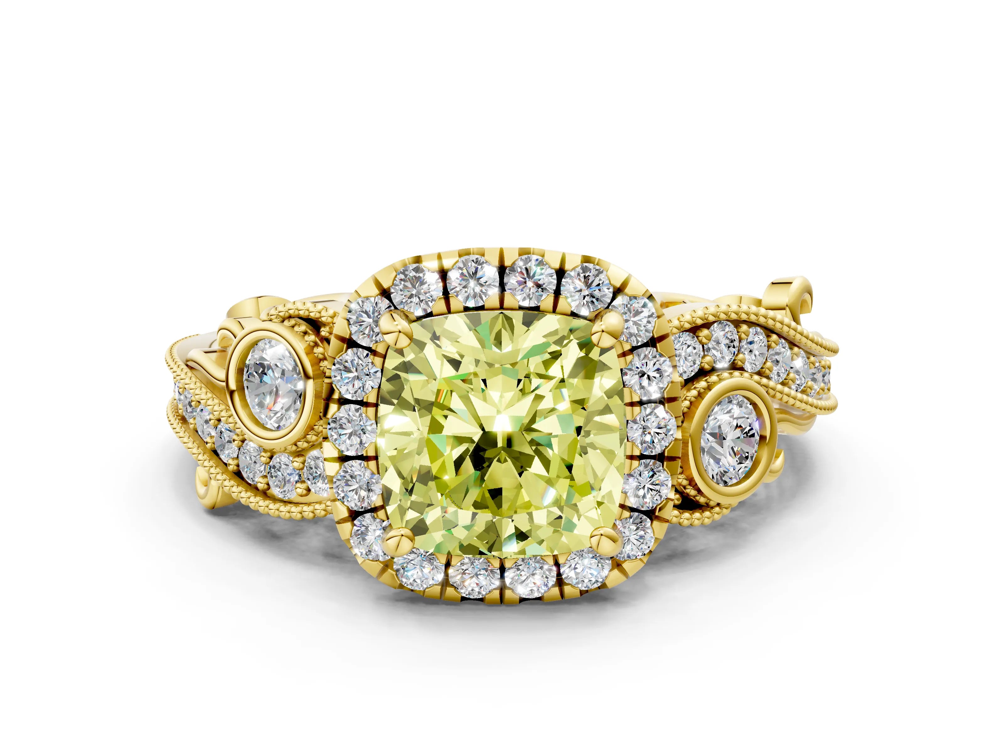 Yellow gold Fancy Yellow Cushion Cut Halo Diamond Ring with Milgrain and Bezel Accents on a Split Shank Band
