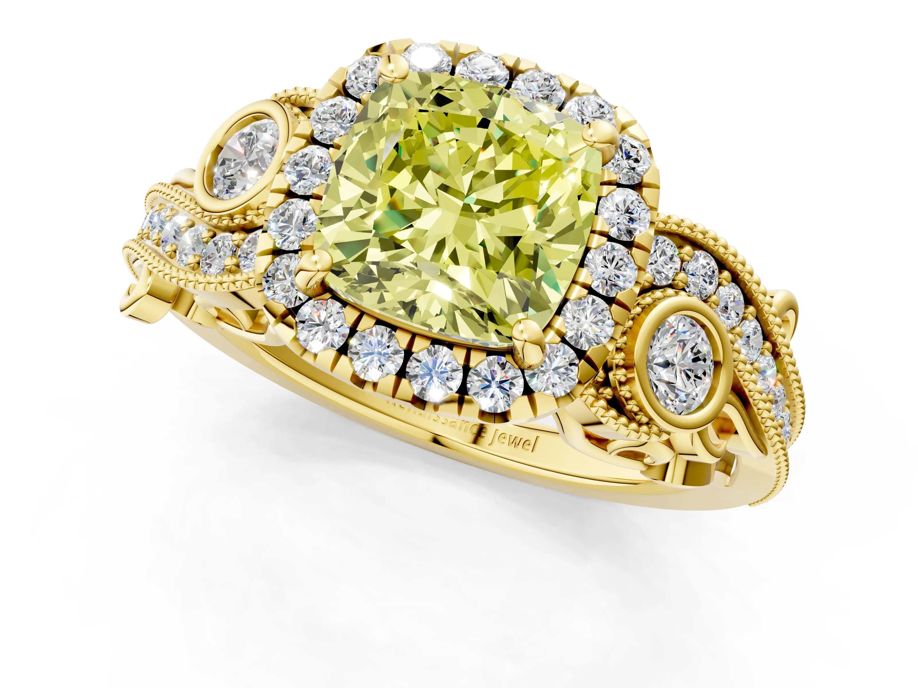 Yellow gold Fancy Yellow Cushion Cut Halo Diamond Ring with Milgrain and Bezel Accents on a Split Shank Band_1