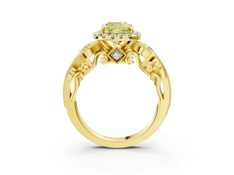 Yellow gold Fancy Yellow Cushion Cut Halo Diamond Ring with Milgrain and Bezel Accents on a Split Shank Band_3