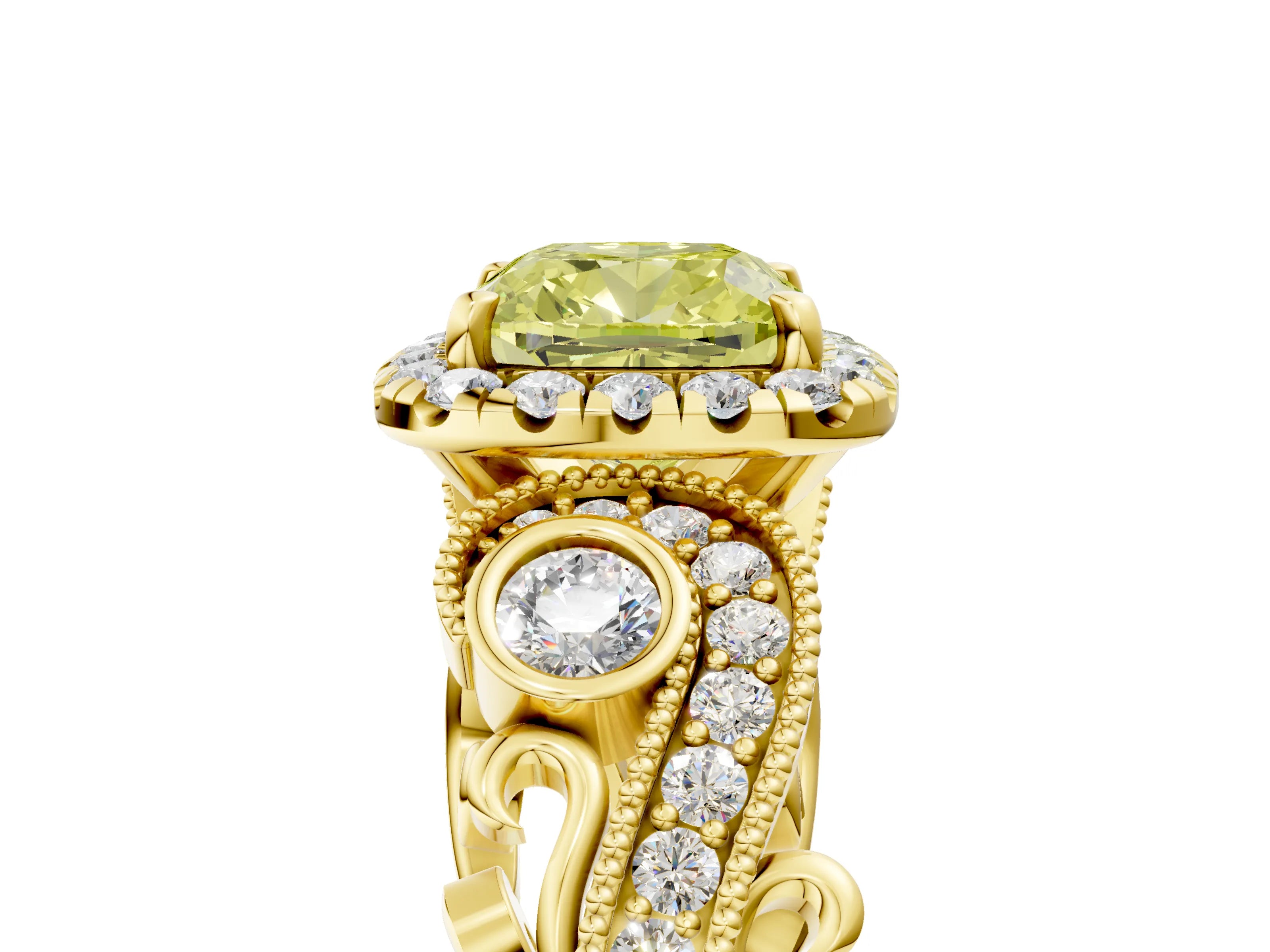 Yellow gold Fancy Yellow Cushion Cut Halo Diamond Ring with Milgrain and Bezel Accents on a Split Shank Band_5