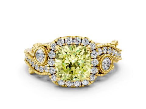 Yellow gold Fancy Yellow Cushion Cut Halo Diamond Ring with Milgrain and Bezel Accents on a Split Shank Band