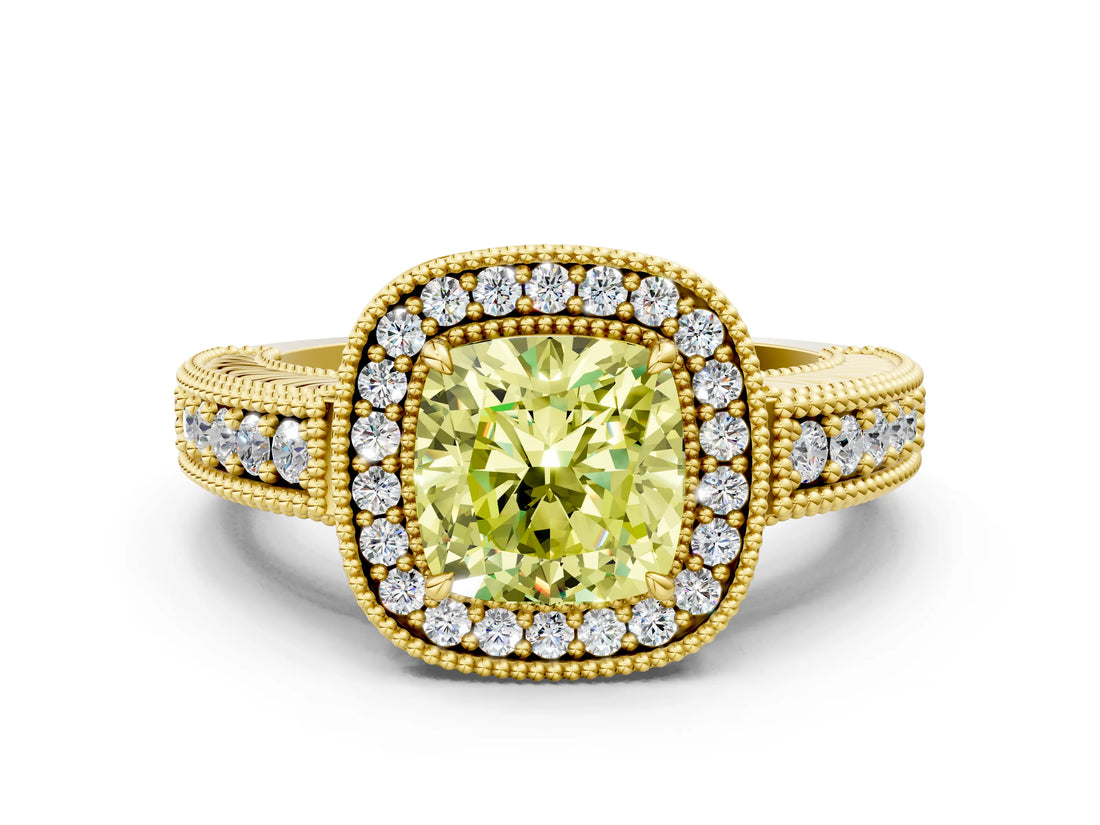 Yellow gold Fancy Yellow Cushion  Cut Halo Diamond Ring with Pavé Band and Four-Prong Setting_69
