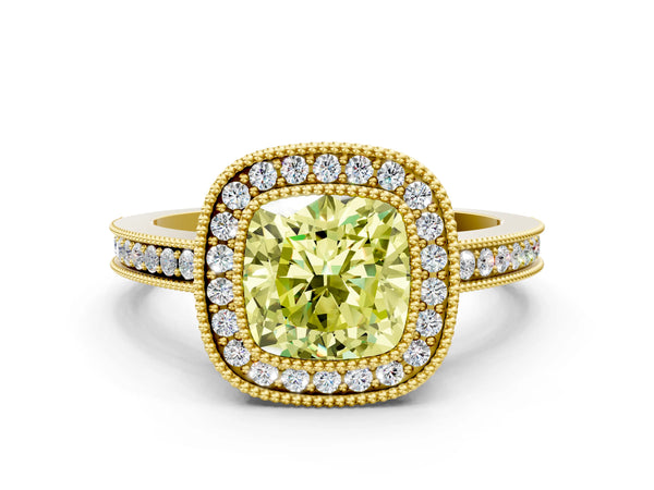 Yellow gold Fancy Yellow Cushion  Cut Halo Diamond Ring with Pavé Band and Milgrain Prong Setting