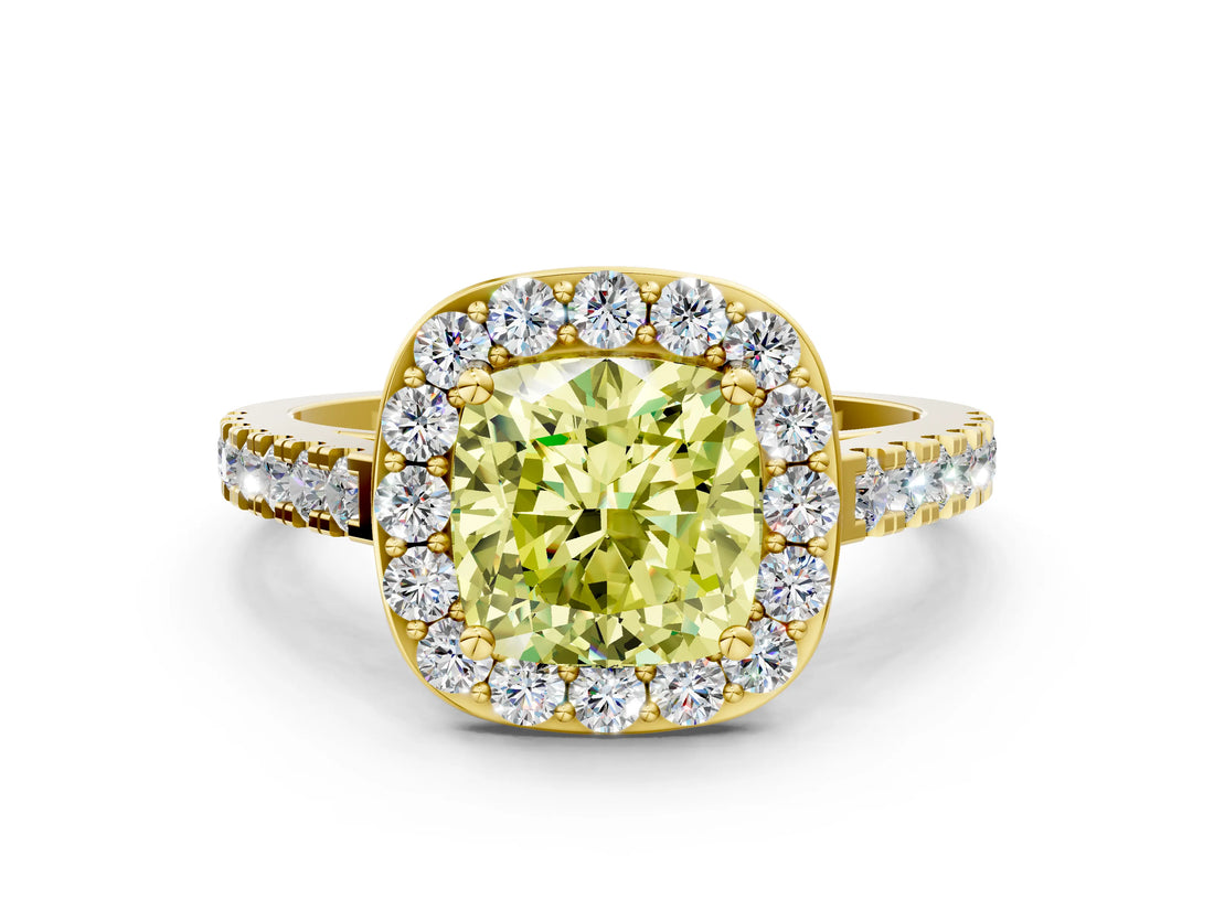 Yellow gold Fancy Yellow Cushion Cut Halo Diamond Ring with Pavé Band and Three-Prong Setting