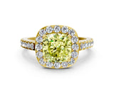 Yellow gold Fancy Yellow Cushion Cut Halo Diamond Ring with Pavé Band and Three-Prong Setting