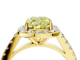 Yellow gold Fancy Yellow Cushion Cut Halo Diamond Ring with Pavé Band and Three-Prong Setting_4