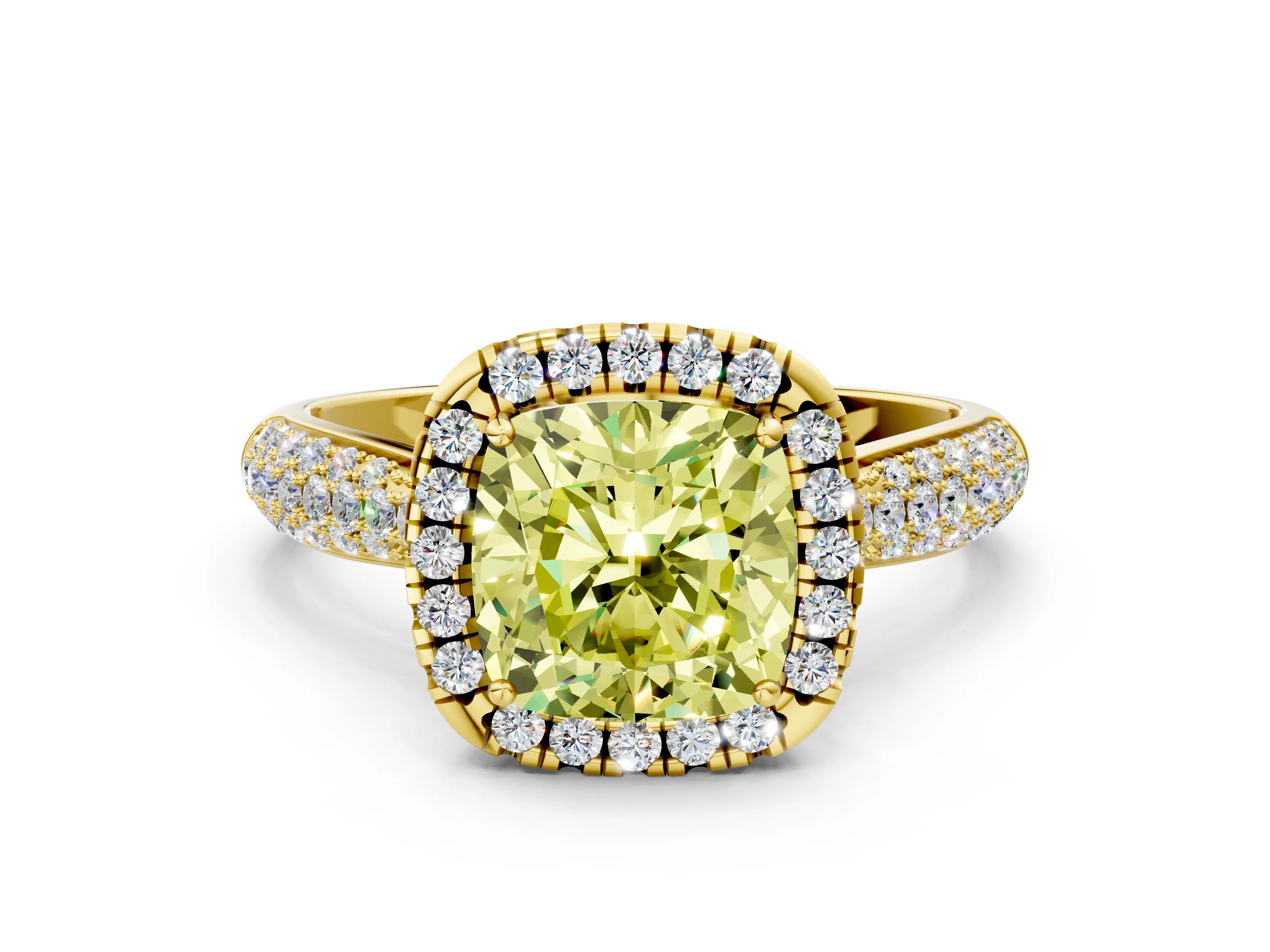 Yellow gold Fancy Yellow Cushion Cut Halo Diamond Ring with Pavé Band