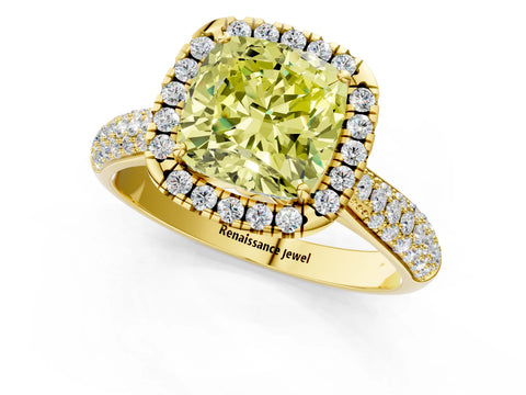 Yellow gold Fancy Yellow Cushion Cut Halo Diamond Ring with Pavé Band_1