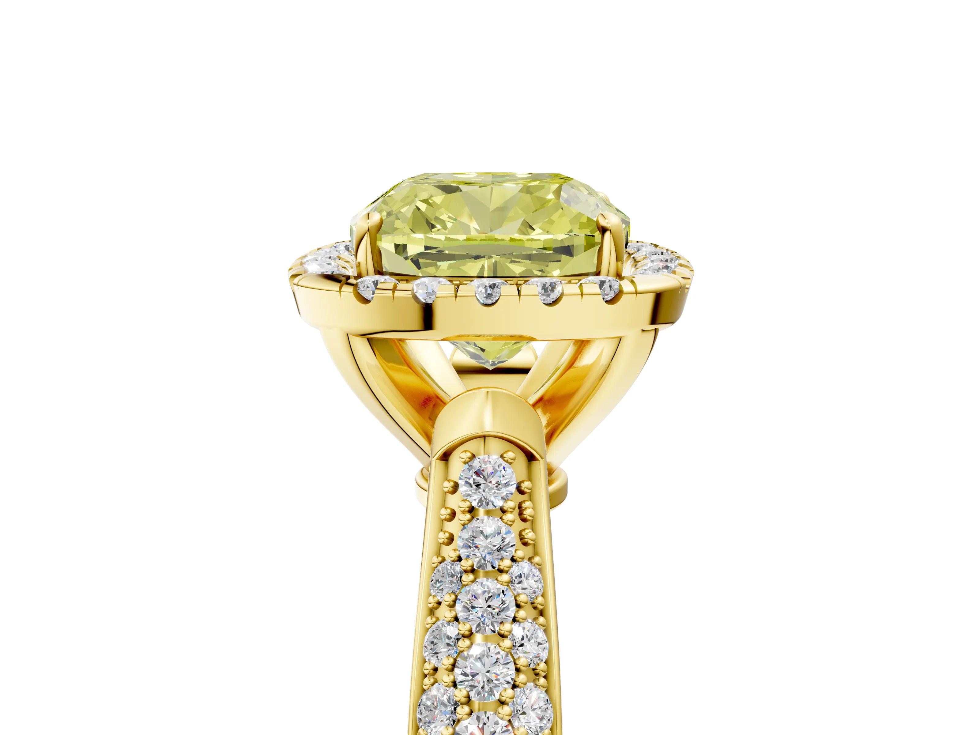 Yellow gold Fancy Yellow Cushion Cut Halo Diamond Ring with Pavé Band_5