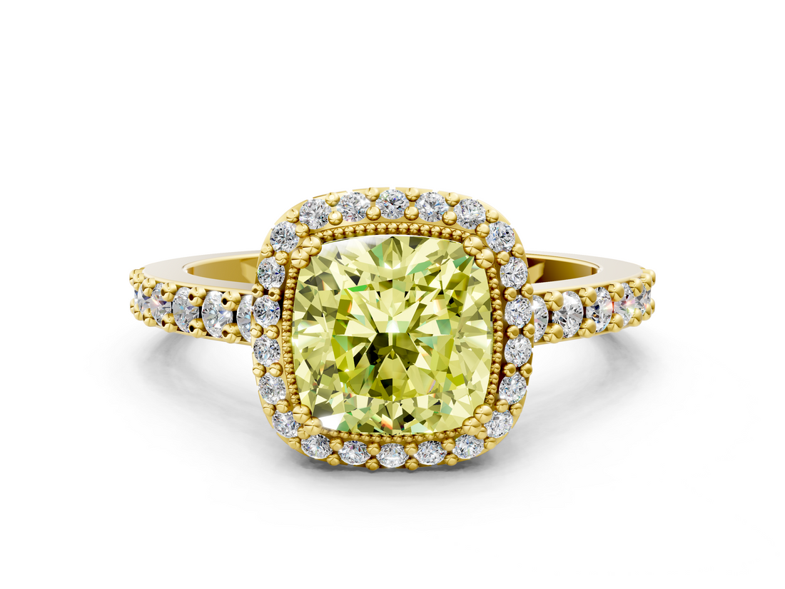 Yellow gold Fancy Yellow Cushion  Cut Halo Diamond Ring with Pave Band and Four-Prong Setting_25