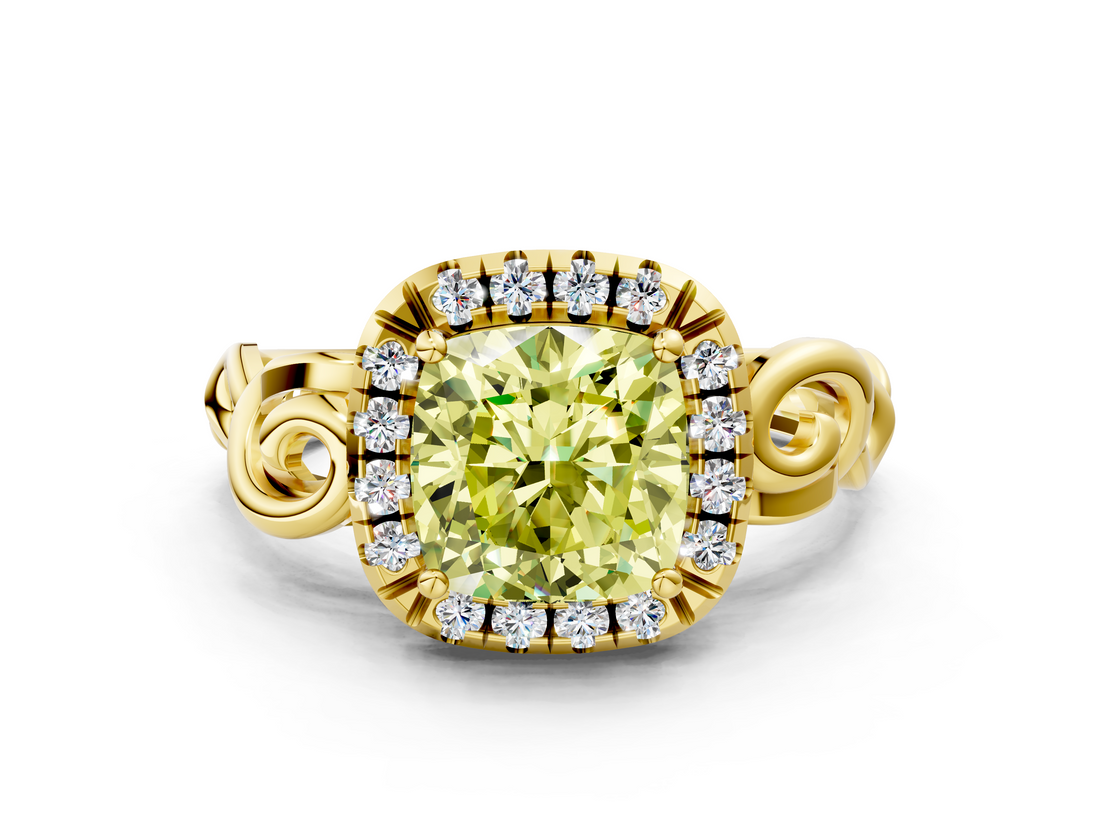 Yellow gold Fancy Yellow Cushion  Cut Halo Diamond Ring with Scrollwork Band and Four-Prong Setting_54