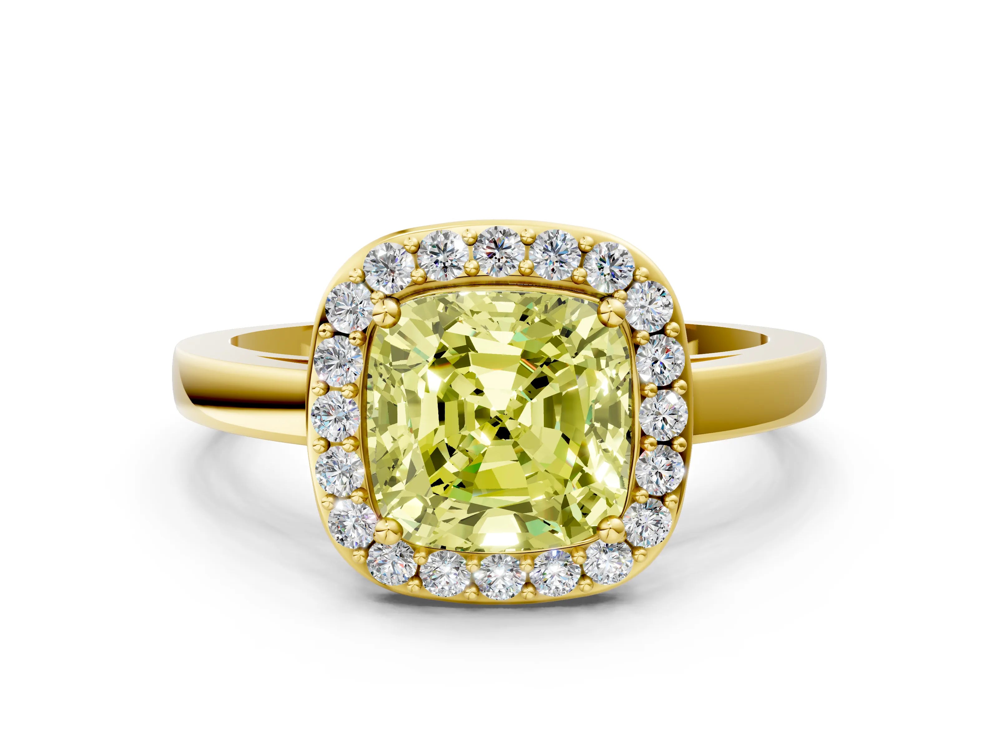 Yellow gold Fancy Yellow Cushion Cut Halo Diamond Ring with Solitaire Band and Prong Setting