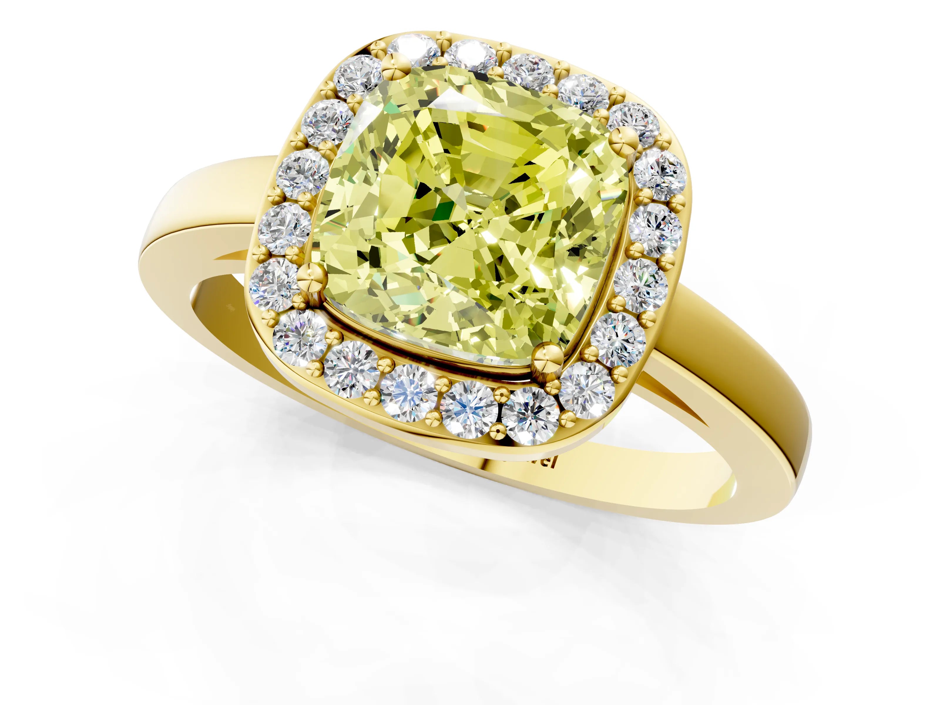 Yellow gold Fancy Yellow Cushion Cut Halo Diamond Ring with Solitaire Band and Prong Setting_1