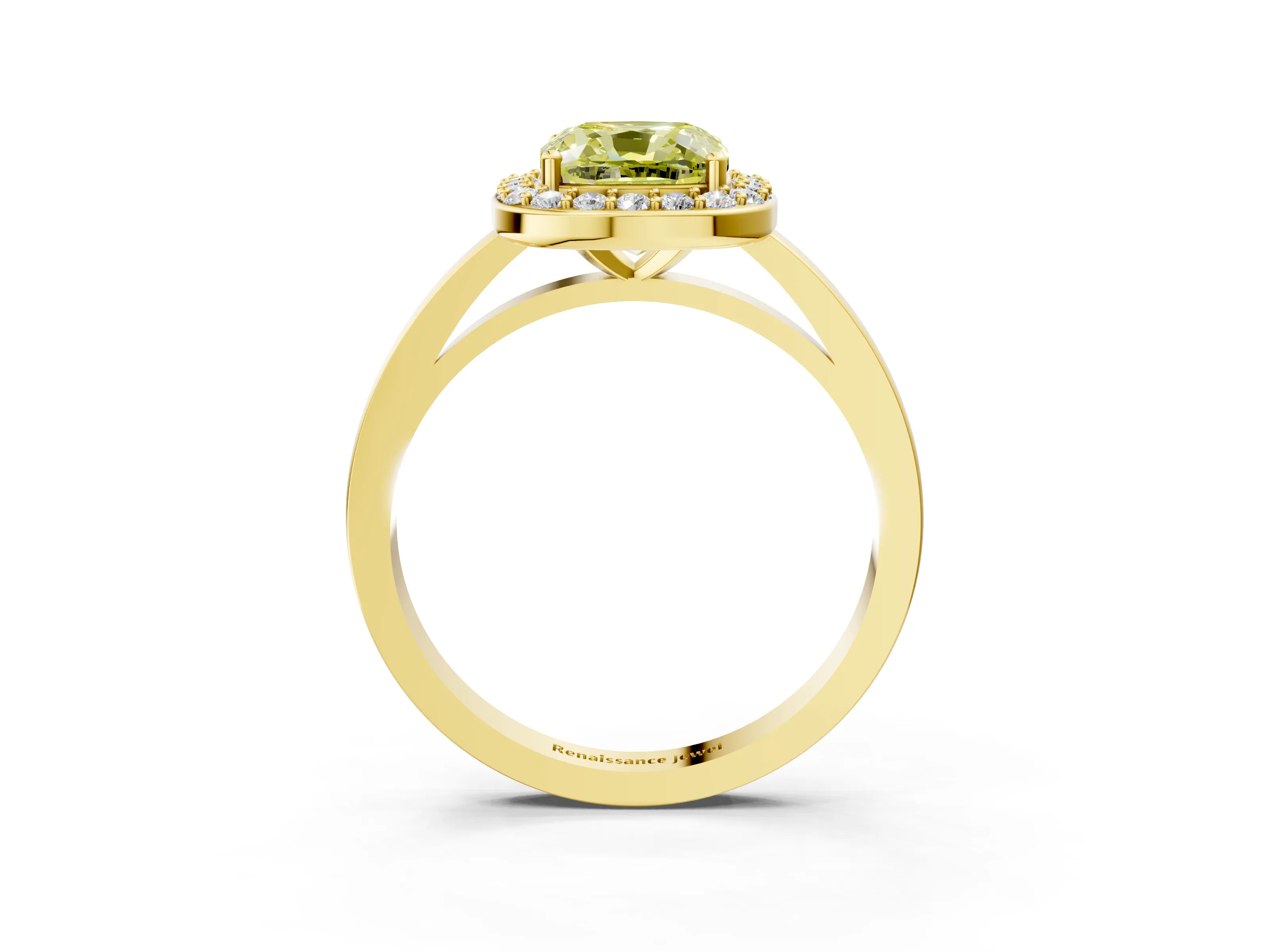Yellow gold Fancy Yellow Cushion Cut Halo Diamond Ring with Solitaire Band and Prong Setting_3