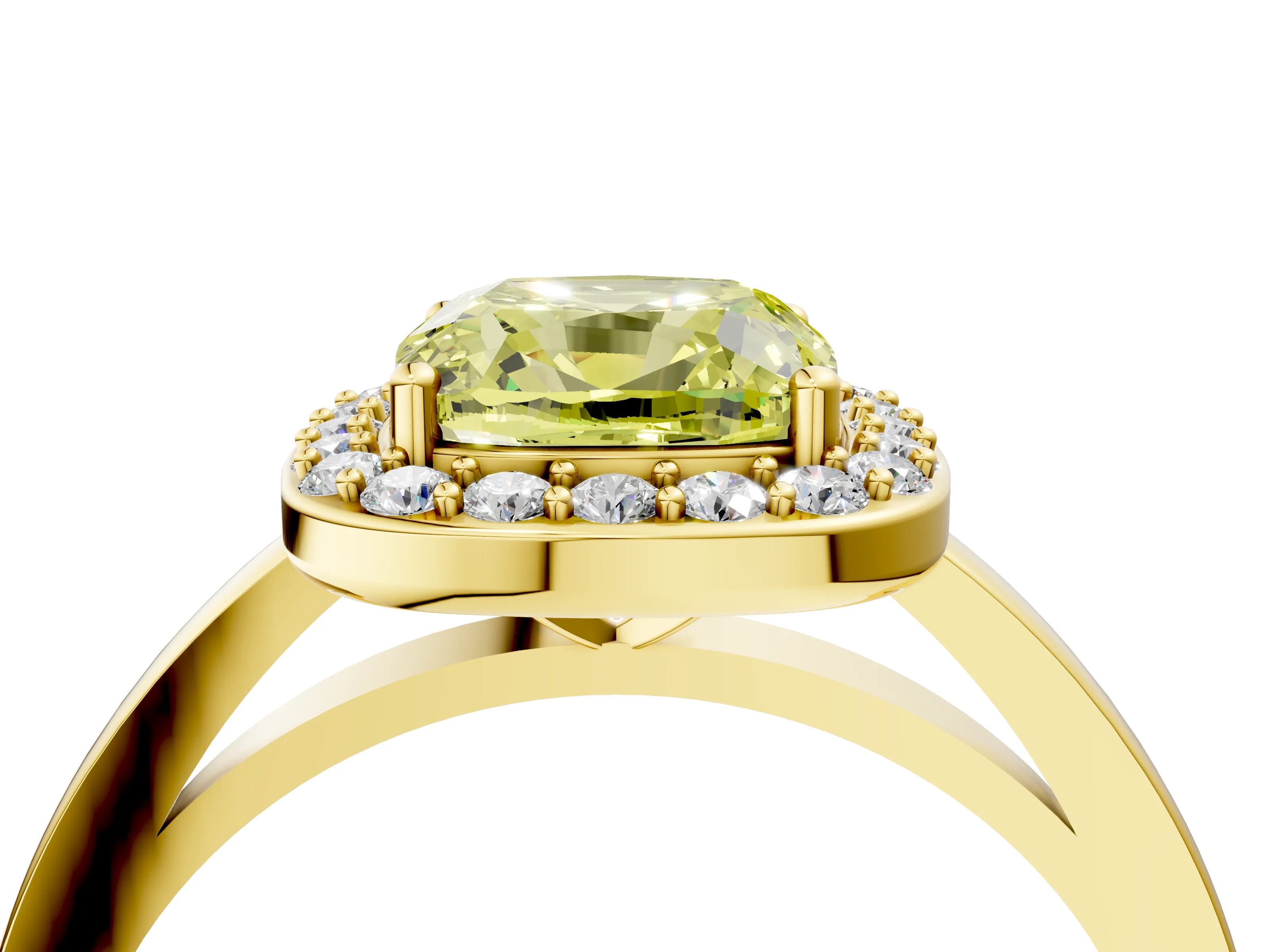 Yellow gold Fancy Yellow Cushion Cut Halo Diamond Ring with Solitaire Band and Prong Setting_4