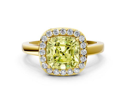 Yellow gold Fancy Yellow Cushion Cut Halo Diamond Ring with Solitaire Band and Prong Setting
