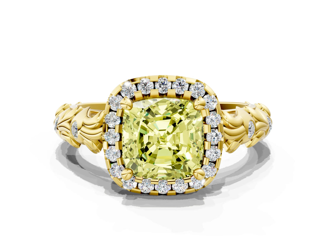 Yellow gold Fancy Yellow Cushion Cut Halo Diamond Solitaire with Filigree Band and Four-Prong Setting