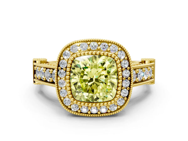 Yellow Gold Cushion Cut Vintage Bezel Halo Engagement Ring Setting for Fancy Yellow Center