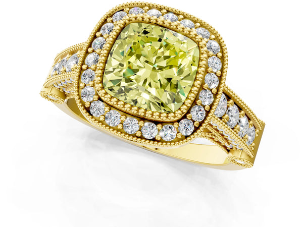 Yellow Gold Cushion Cut Vintage Bezel Halo Engagement Ring Setting for Fancy Yellow Center