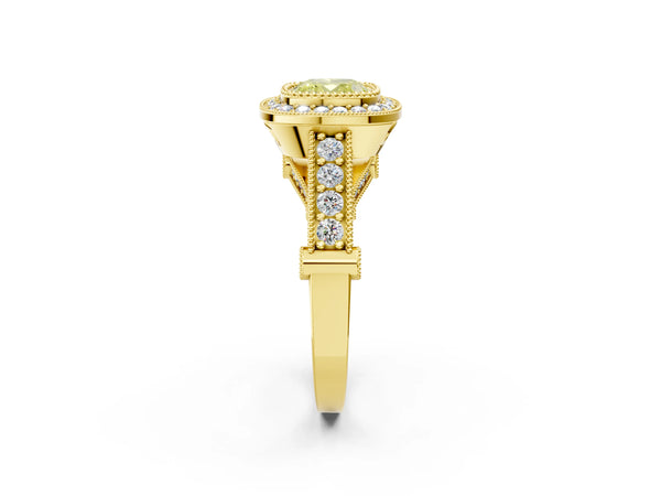 Yellow Gold Cushion Cut Vintage Bezel Halo Engagement Ring Setting for Fancy Yellow Center