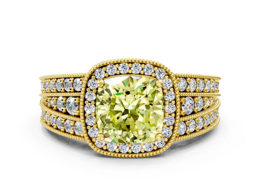 Yellow gold Fancy Yellow Cushion Cut Halo Diamond Split Shank Ring with Prong Setting_12