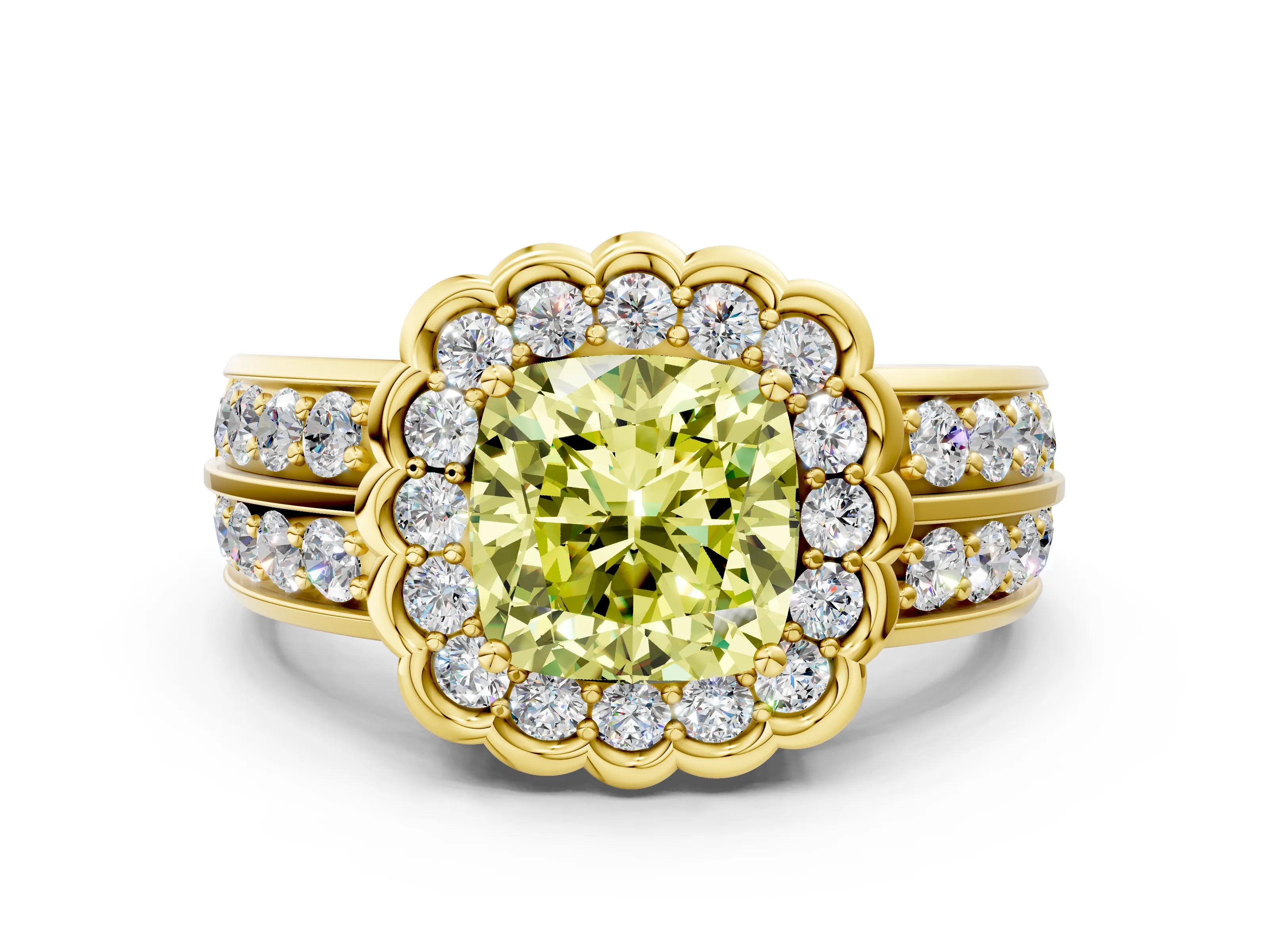 Yellow gold Fancy Yellow Cushion Cut Halo Diamond Split Shank Ring with Scalloped Prong Setting