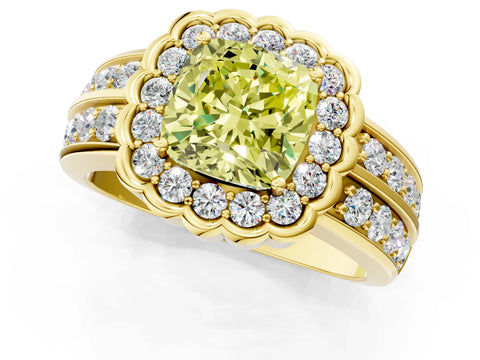 Yellow gold Fancy Yellow Cushion Cut Halo Diamond Split Shank Ring with Scalloped Prong Setting_1