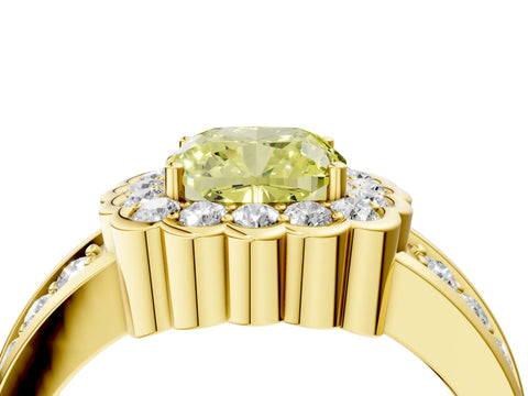 Yellow gold Fancy Yellow Cushion Cut Halo Diamond Split Shank Ring with Scalloped Prong Setting_4