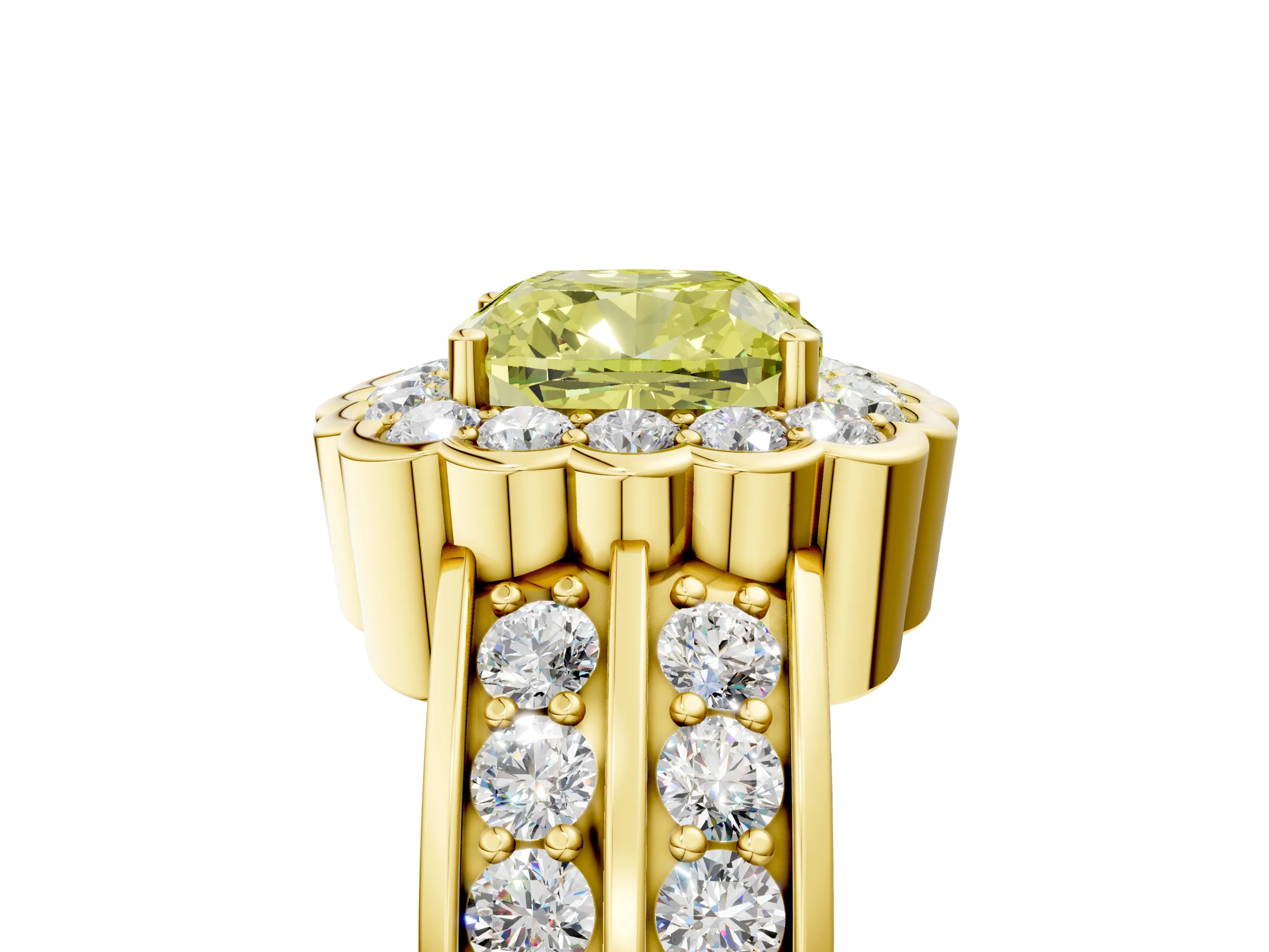 Yellow gold Fancy Yellow Cushion Cut Halo Diamond Split Shank Ring with Scalloped Prong Setting_5