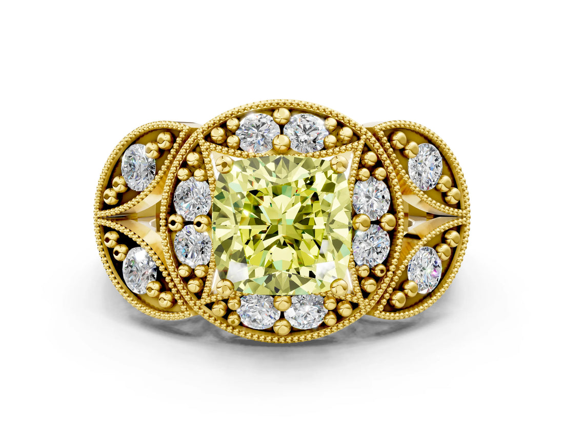 Yellow gold Fancy Yellow Cushion Cut Halo Milgrain Diamond Engagement Ring with Leaf Band and Four-Prong Setting