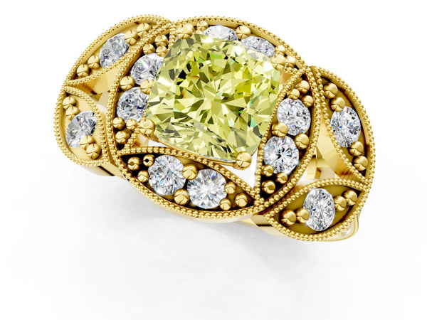 Yellow gold Fancy Yellow Cushion Cut Halo Milgrain Diamond Engagement Ring with Leaf Band and Four-Prong Setting