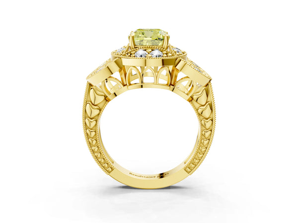 Yellow gold Fancy Yellow Cushion Cut Halo Milgrain Diamond Engagement Ring with Leaf Band and Four-Prong Setting