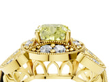 Yellow gold Fancy Yellow Cushion Cut Halo Milgrain Diamond Engagement Ring with Leaf Band and Four-Prong Setting_4