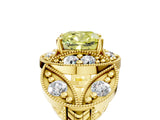 Yellow gold Fancy Yellow Cushion Cut Halo Milgrain Diamond Engagement Ring with Leaf Band and Four-Prong Setting_5