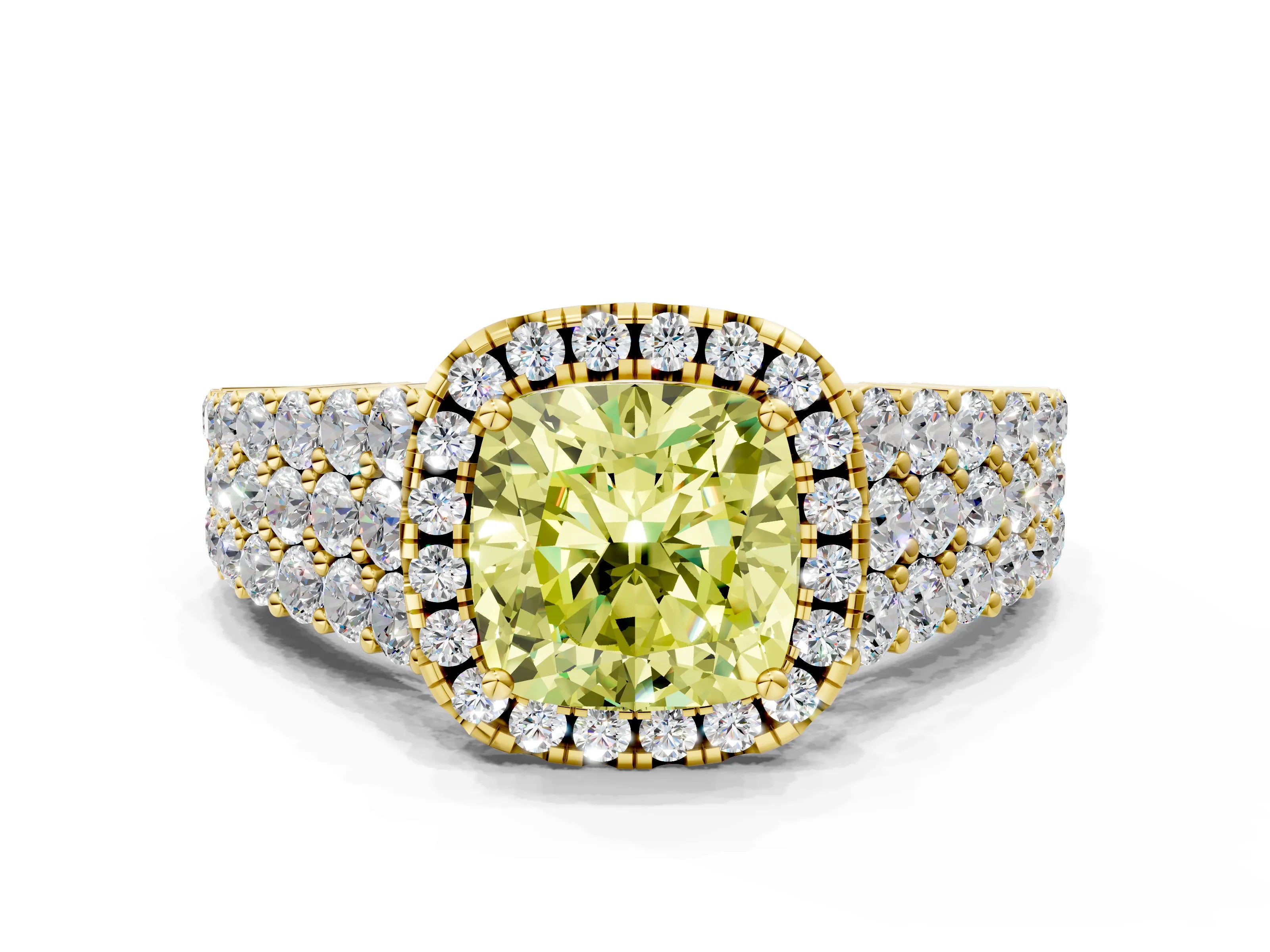Yellow gold Fancy Yellow Cushion Cut Halo Pavé Diamond Engagement Ring with Split Shank and Four-Prong Setting_3