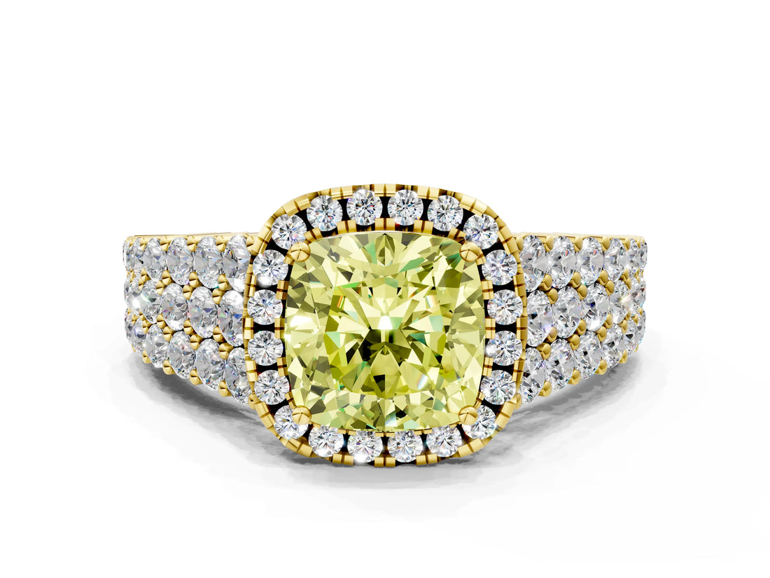 Yellow gold Fancy Yellow Cushion Cut Halo Pavé Diamond Engagement Ring with Split Shank and Four-Prong Setting_3