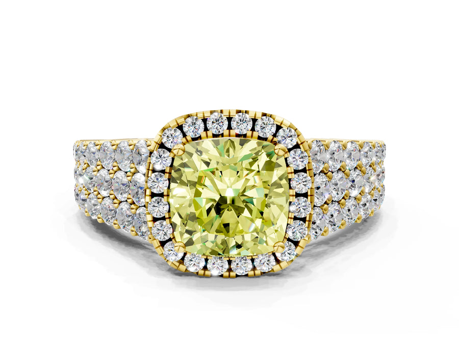 Yellow gold Fancy Yellow Cushion Cut Halo Pavé Diamond Engagement Ring with Split Shank and Four-Prong Setting