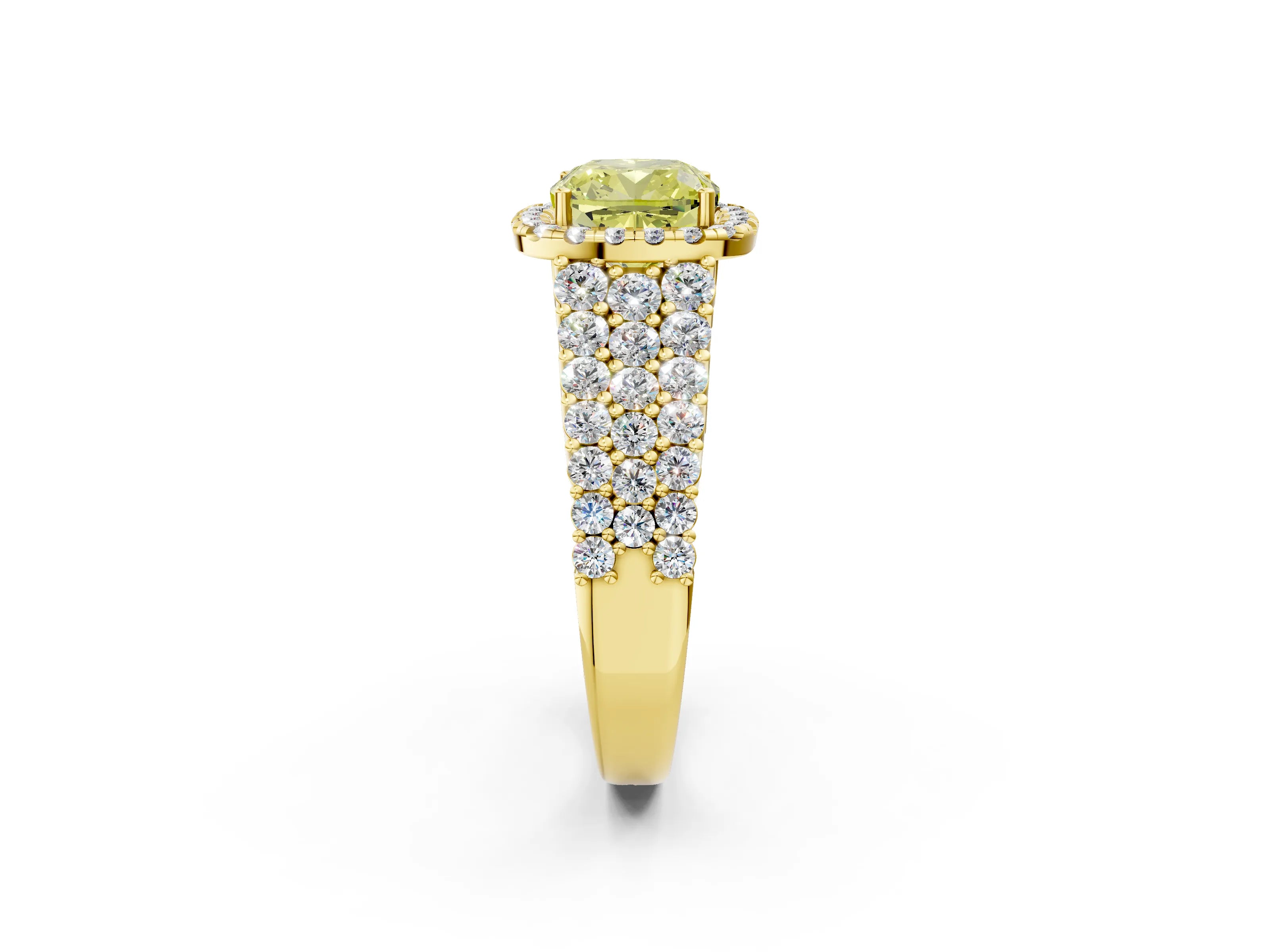 Yellow gold Fancy Yellow Cushion Cut Halo Pavé Diamond Engagement Ring with Split Shank and Four-Prong Setting_5