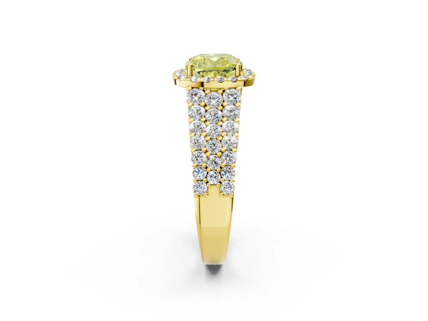 Yellow gold Fancy Yellow Cushion Cut Halo Pavé Diamond Engagement Ring with Split Shank and Four-Prong Setting
