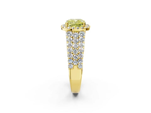 Yellow gold Fancy Yellow Cushion Cut Halo Pavé Diamond Engagement Ring with Split Shank and Four-Prong Setting_5
