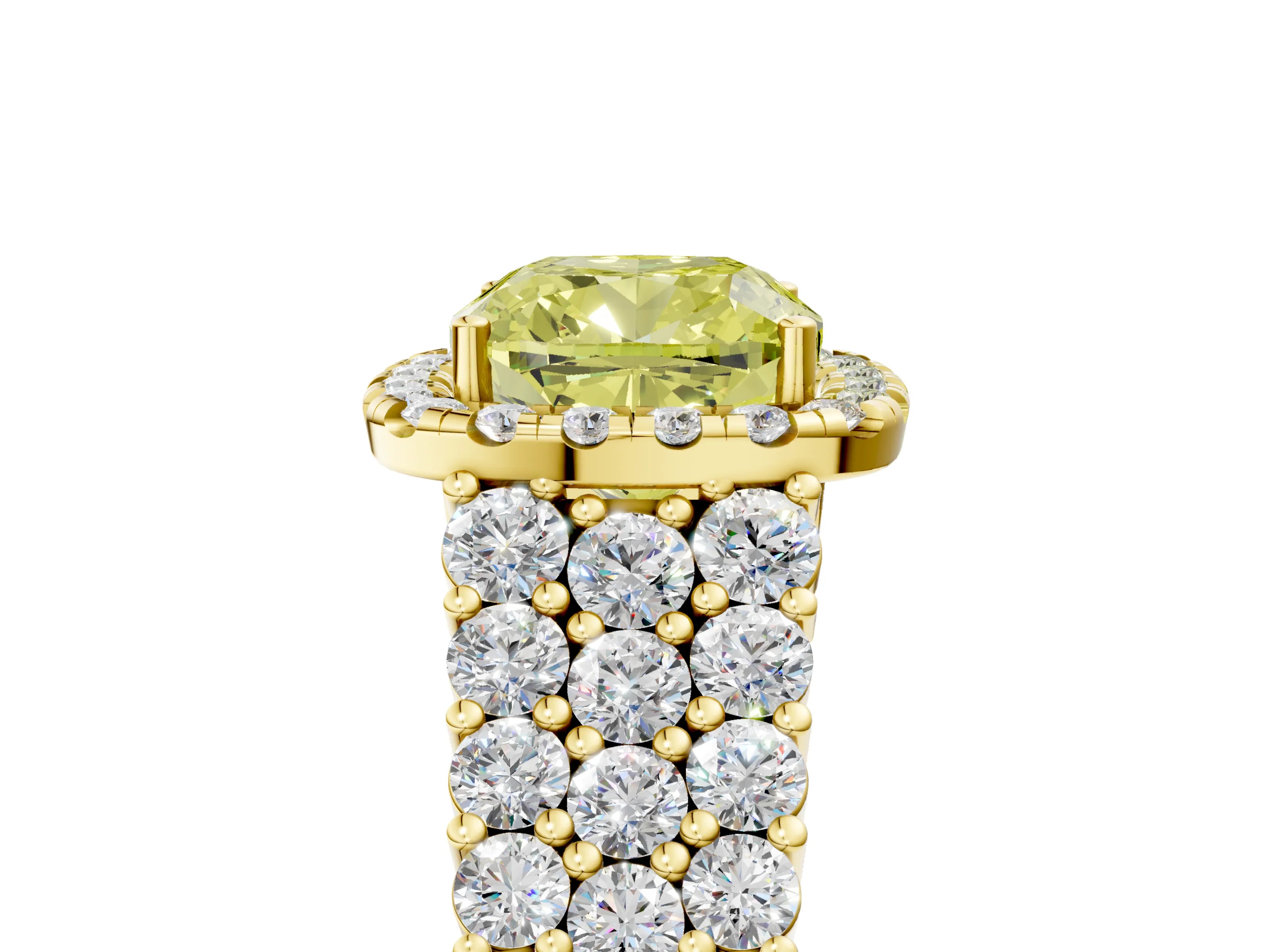 Yellow gold Fancy Yellow Cushion Cut Halo Pavé Diamond Engagement Ring with Split Shank and Four-Prong Setting_8