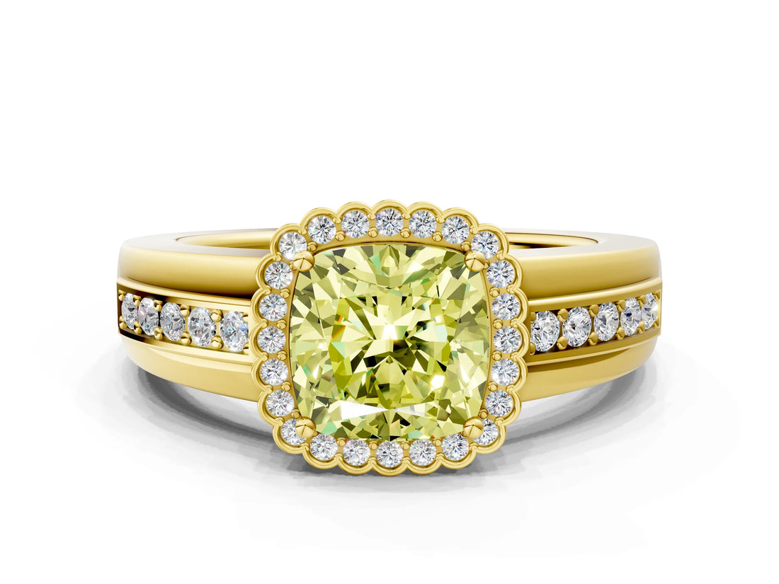 Yellow gold Fancy Yellow Cushion  Cut Halo Pave Band Four-Prong Ring_49