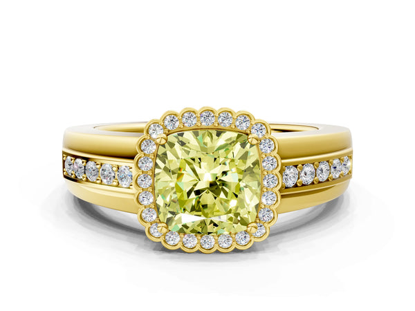Yellow gold Fancy Yellow Cushion  Cut Halo Pave Band Four-Prong Ring