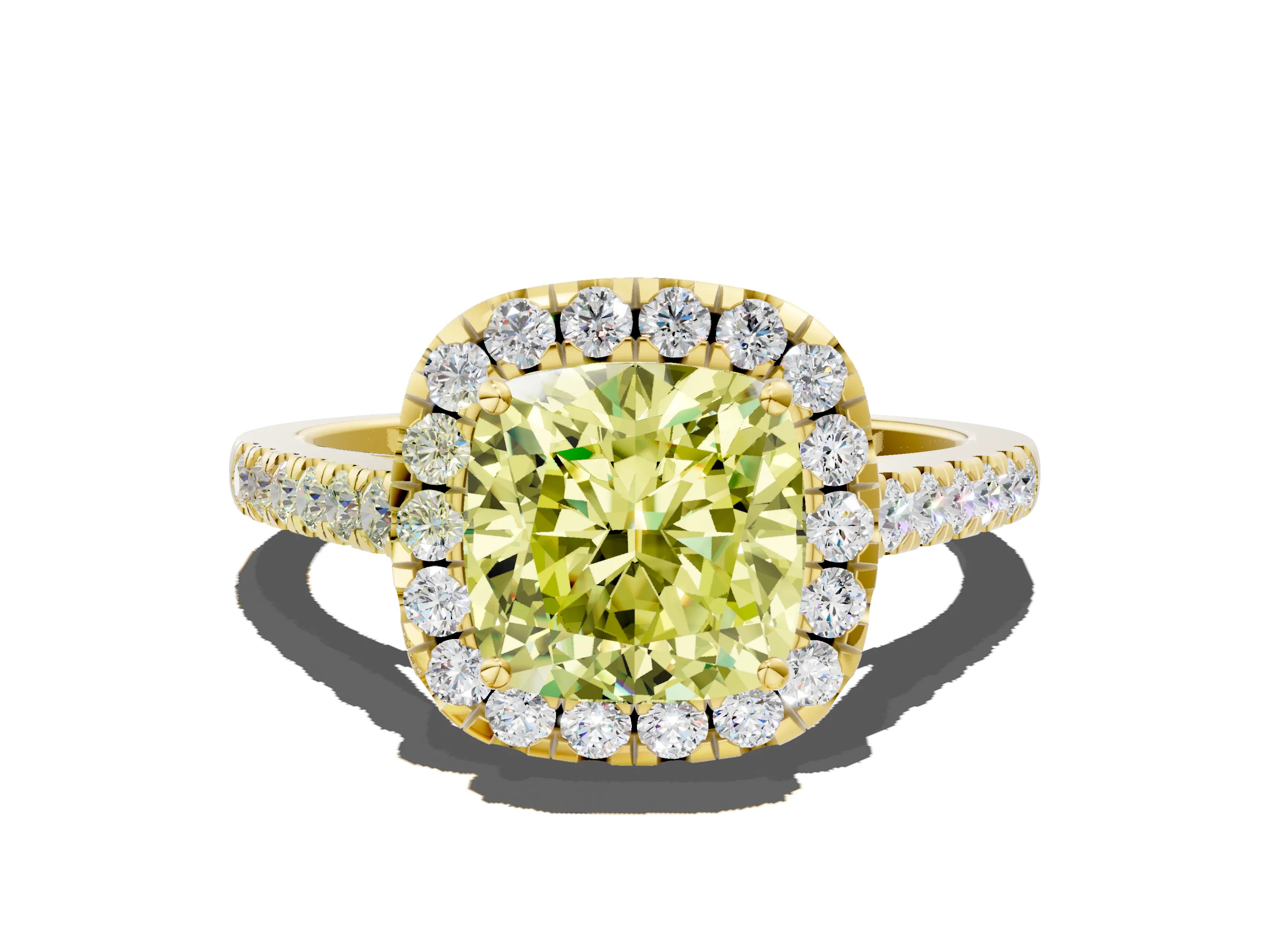 Yellow gold Fancy Yellow Cushion Cut Halo Pave Diamond Engagement Ring with Four-Prong Setting