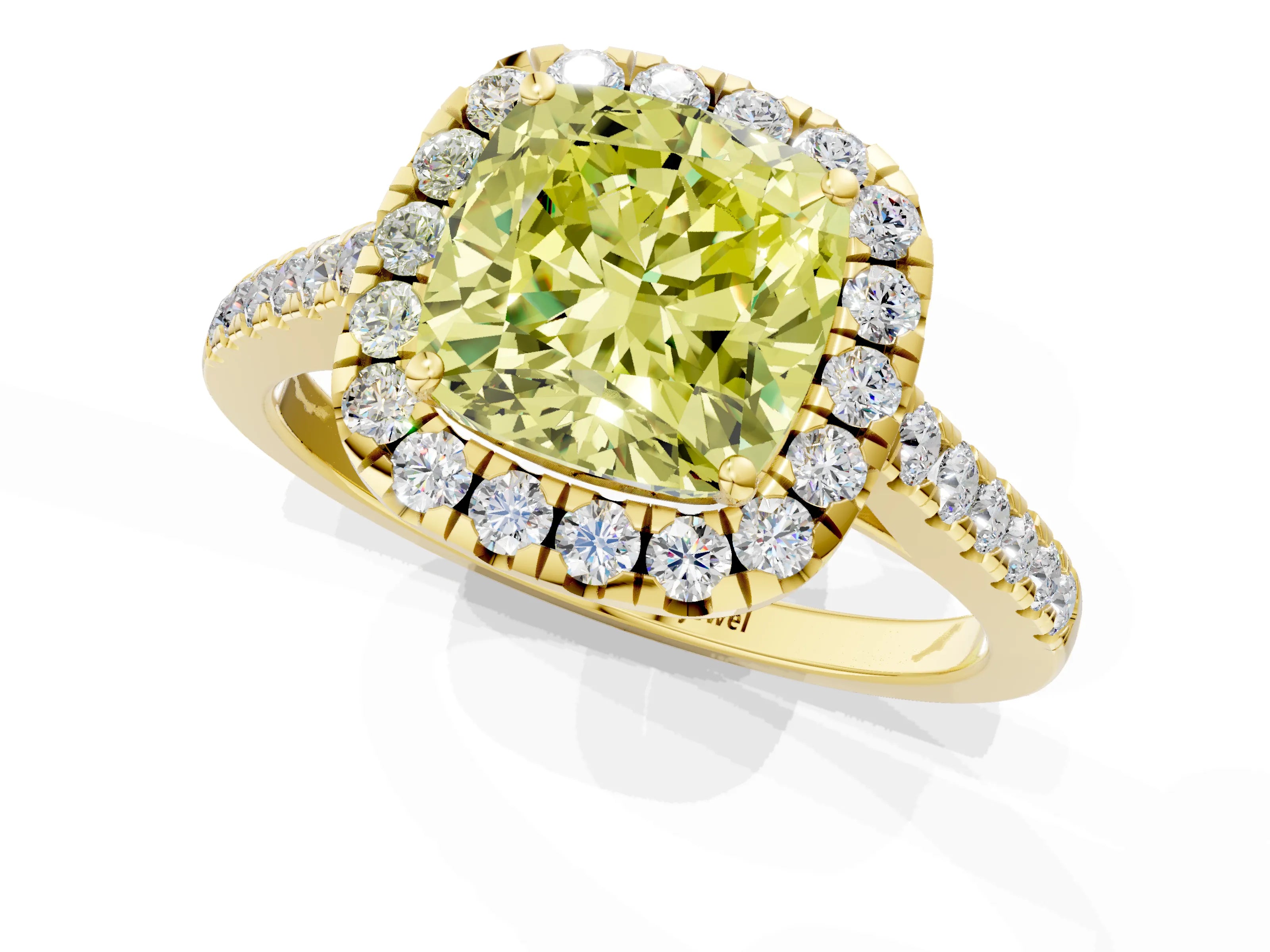 Yellow gold Fancy Yellow Cushion Cut Halo Pave Diamond Engagement Ring with Four-Prong Setting_1