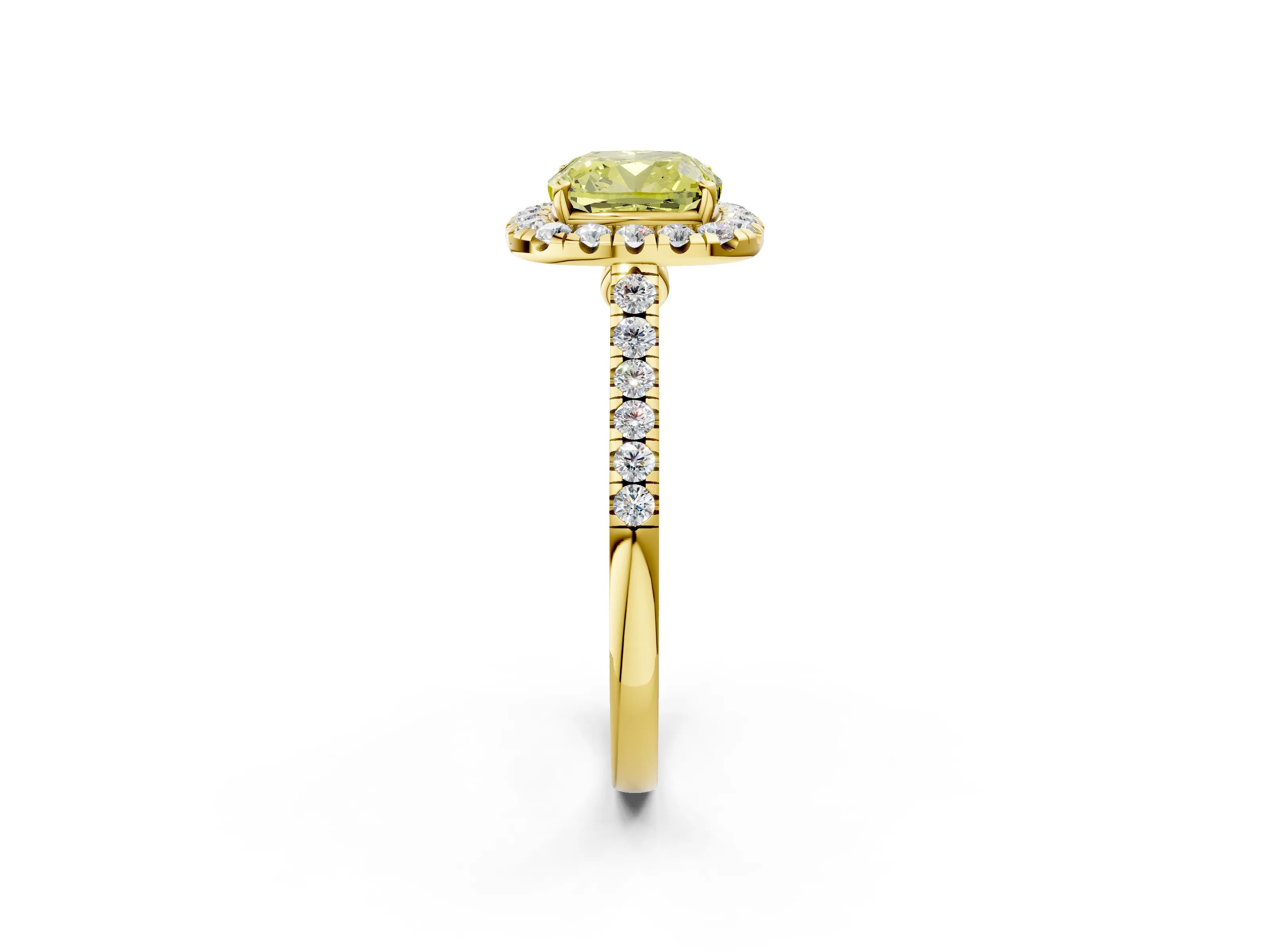 Yellow gold Fancy Yellow Cushion Cut Halo Pave Diamond Engagement Ring with Four-Prong Setting_2