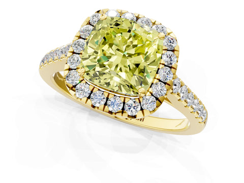 Yellow gold Fancy Yellow Cushion Cut Halo Pave Diamond Engagement Ring with Four-Prong Setting_3