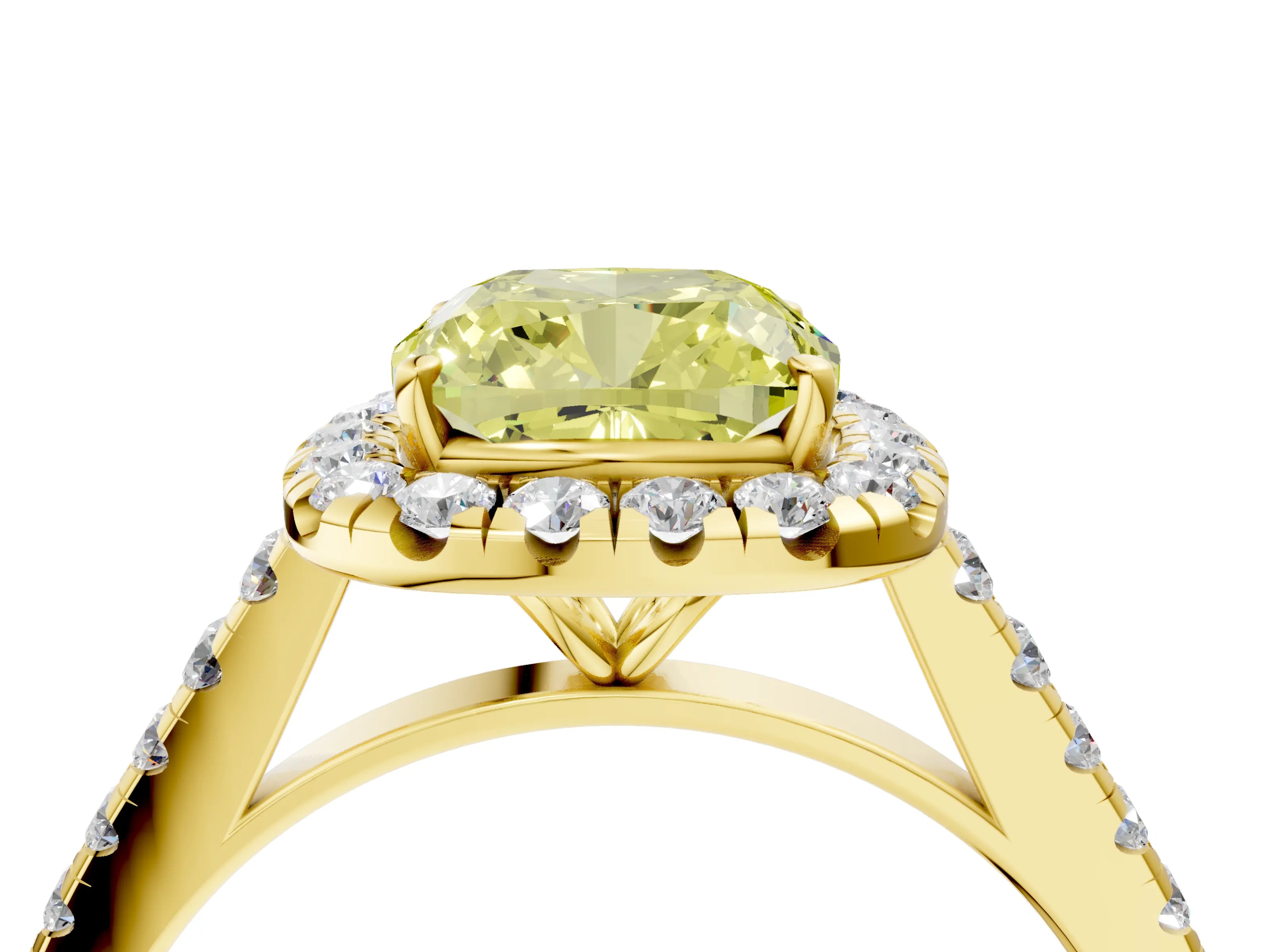 Yellow gold Fancy Yellow Cushion Cut Halo Pave Diamond Engagement Ring with Four-Prong Setting_4